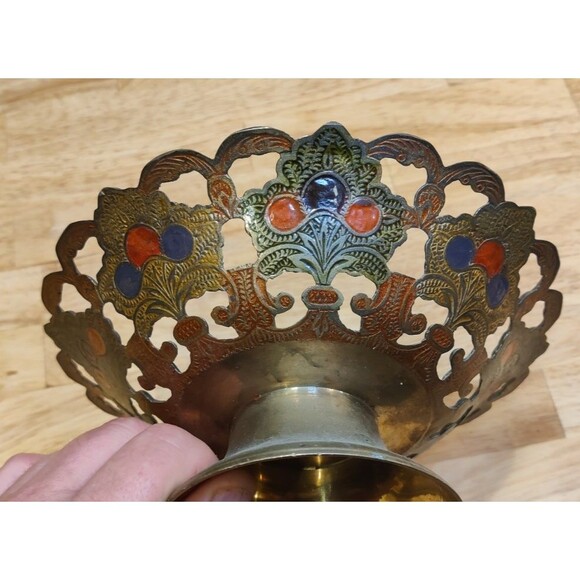 VTG India Brass Enamel Cut Out 8” Pierced Pedestal Bowl With Scalloped Edge - Picture 4 of 7